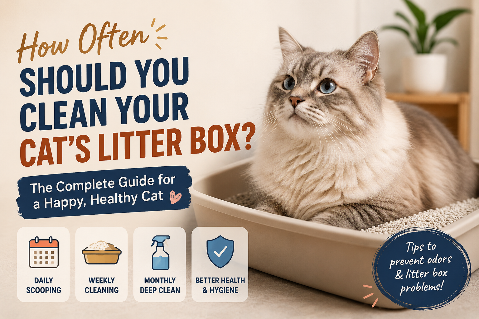 Cat sitting beside a clean litter box with a cat litter cleaning guide