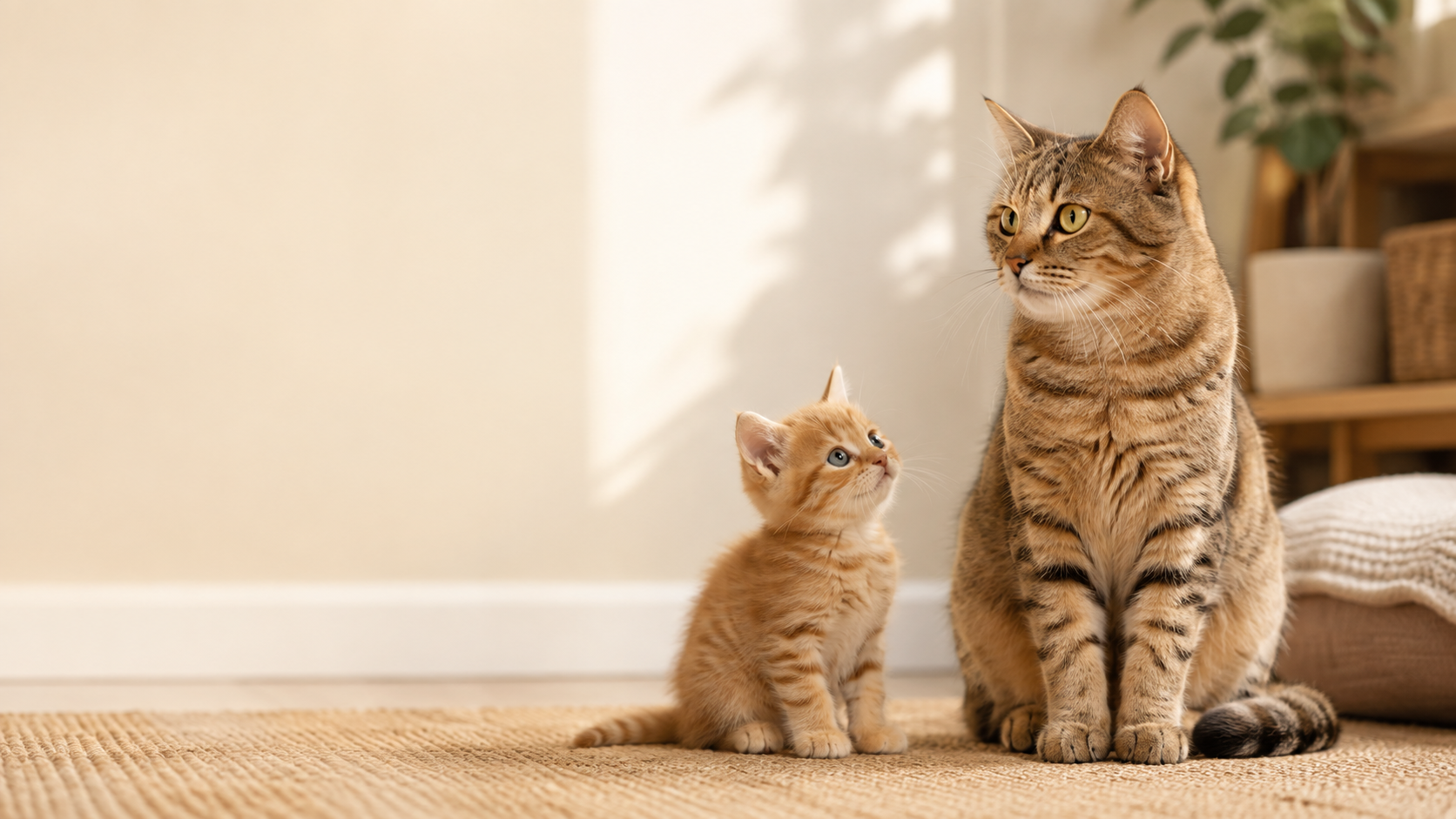 Kitten and adult cat together showing different stages of cat growth